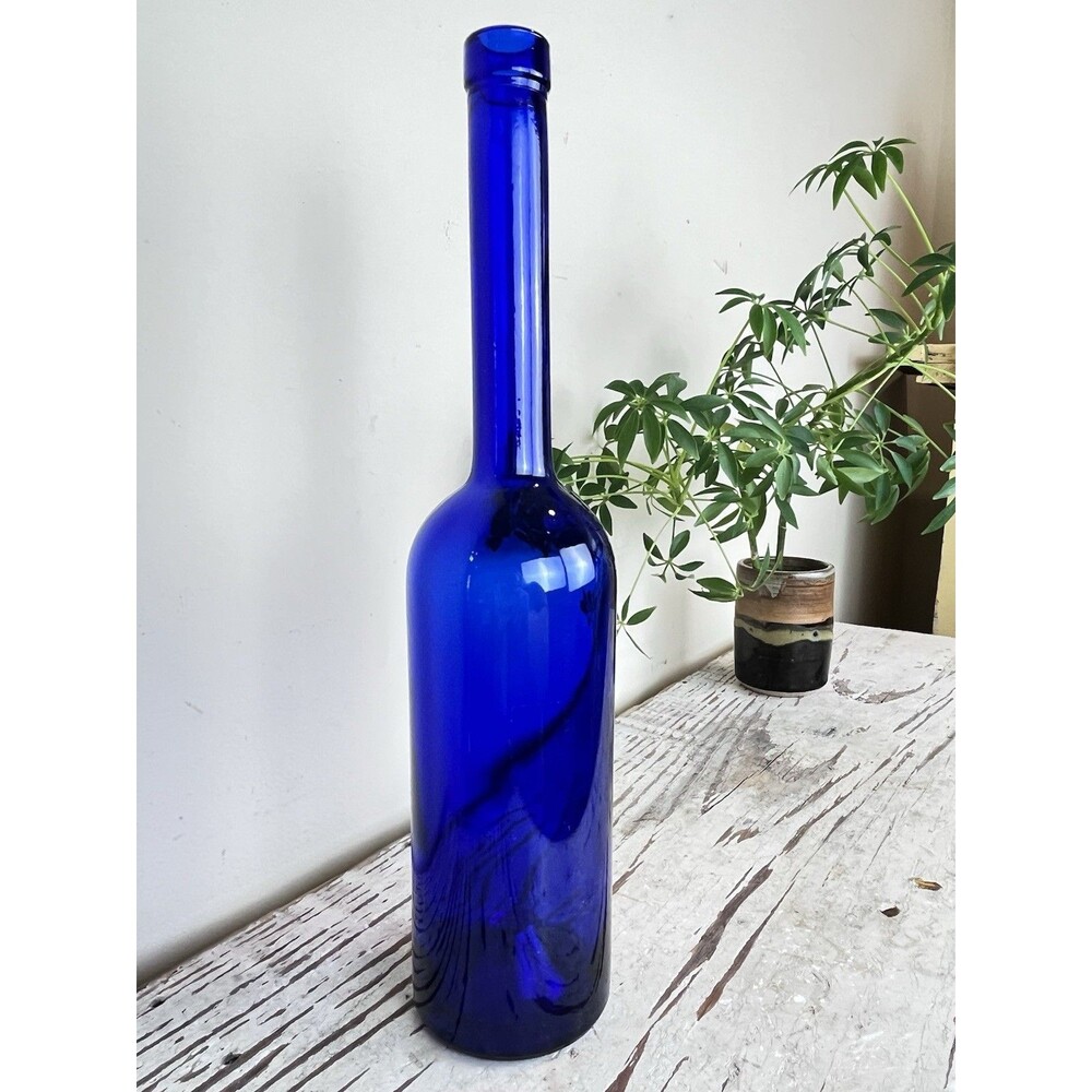 Vintage Long Slender Blue Cobalt Glass Bottle 13” Wine Sherry Oil Vinegar Decor